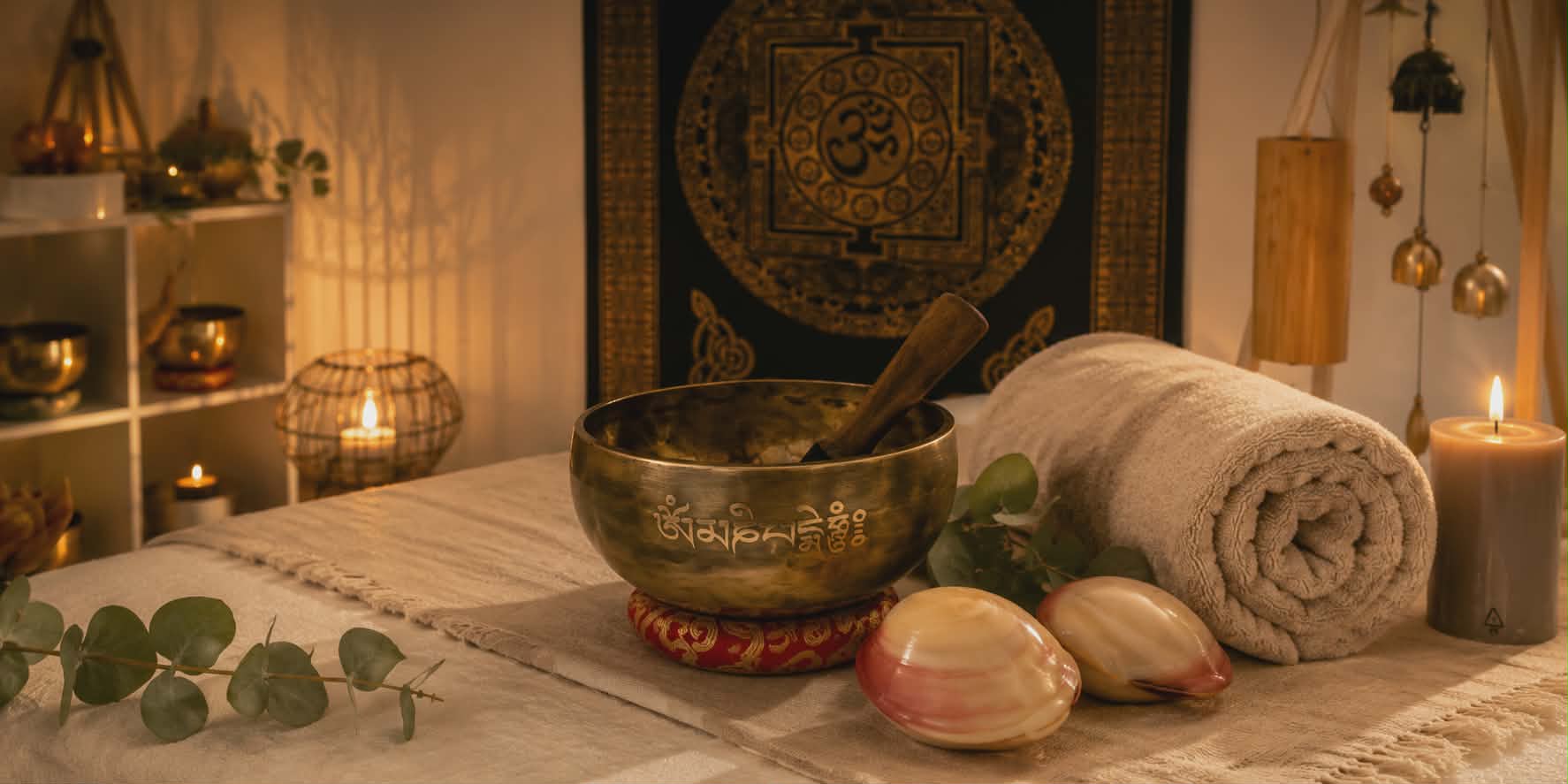 Tibeti hangtál, lávakagylók és összetekert törölköző meleg gyertyafényben az Andara Touch stúdióban